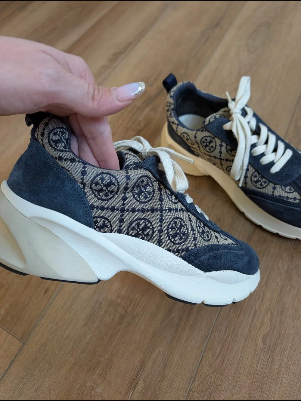 Tory Burch Navy Logo Good Luck Trainer Lace-Up Athletic Sneakers